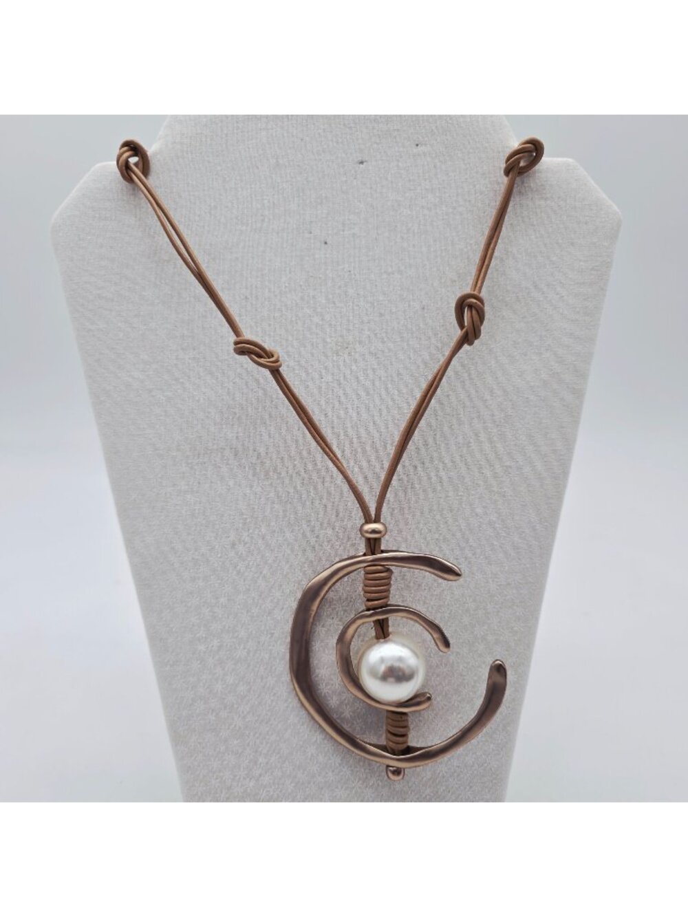 Large Abstract Pendant Necklace Faux Pearl On Adjustable Leather Cord Handmade